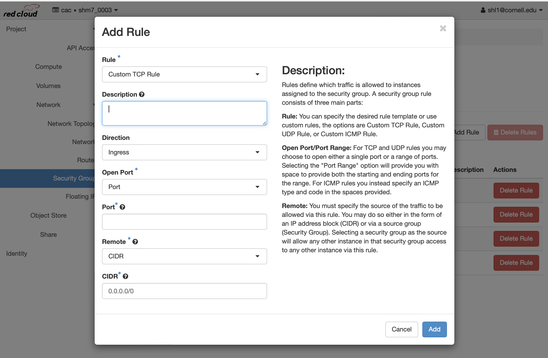 Create an Security Group Rule